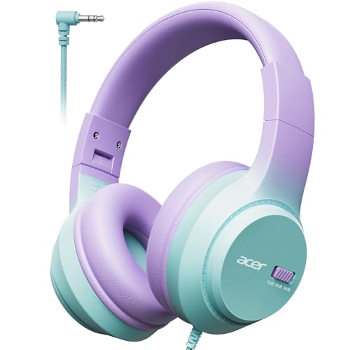 Acer Kids Headphones, 74/85/94dB Volume Limiter, Foldable Wired Over Ear Headphones for Travel, 3.5mm Jack, Toddler Headphones for School, iPad, Chromebook, Tablet, Purple Green - color: Purple Green