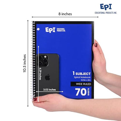 EPI Spiral Notebook | Wide - 70 Sheets, Durable Spiral Binding | 10.5 x 8 in | Classroom Supplies | School, Office, Note Taking, Journaling - 6 Pack - color: Blue, size: 6