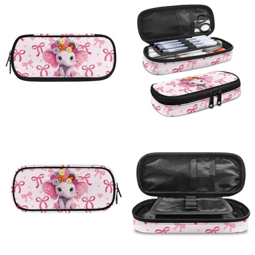 Lightweight Kids Bookbag Set with Insulated Lunch Bag and Pencil Case, Elephant 3-in-1 School Backpack Lunchbox Pouch for Girls Elementary, Durable Student Book Bag - color: Pink Bows-elephant