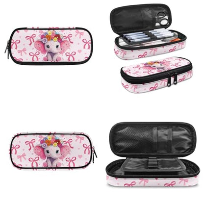 Lightweight Kids Bookbag Set with Insulated Lunch Bag and Pencil Case, Elephant 3-in-1 School Backpack Lunchbox Pouch for Girls Elementary, Durable Student Book Bag - color: Pink Bows-elephant