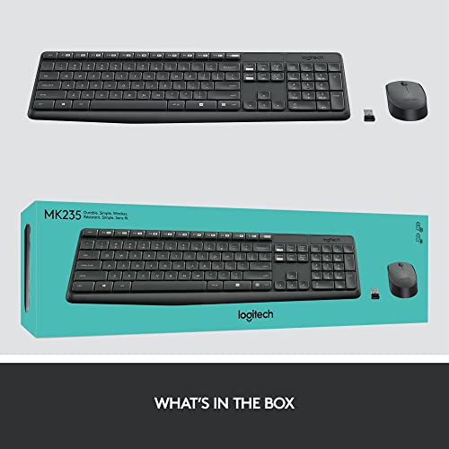 Logitech MK235 Full Size Wireless Keyboard and Mouse Combo | Full size keyboard with spill-resistant design, compact ambidextrous mouse, connect via single included USB-A Nano Receiver