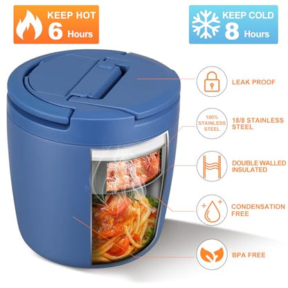 wiwens 40oz Insulated Lunch Containers for Adults Soup Thermo for Hot Food | Leak Proof Wide Mouth Vacuum Stainless Steel Thermal Jar Bento Box with Buckle Lid and Spoon - color: Blue