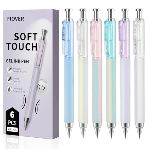 FIOVER 6 Pack 0.5mm Black Gel Pens, Quick Dry Fine Tip Pens with Soft Silicone Grip, Smooth Retractable Pens for Nurses, Teachers, Office & Journaling - color: 6pcs black