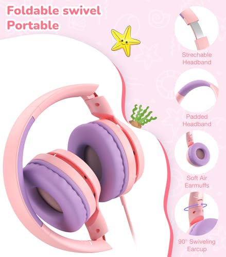 Bywulanda USB-C Kids Headphones with Mic, Safe Volume Limiter 85/94dB, Adjustable Headband, Foldable Wired Headphones for Boys & Girls, Over Ear Headphones for School/Chromebook/Tablet/Laptop/Travel - color: Bright pink