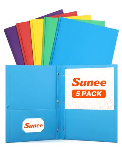 SUNEE Folders with Prongs, 5 Pack Paper Pocket Folders, Folders with Pockets and Prongs Fit Letter Size Paper, 5 Assorted Colors for School Office Home Business
