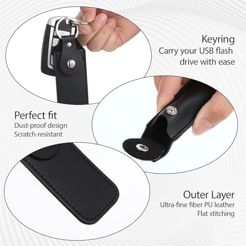 4 Pcs Flash Drive Case, Leather Anti Lost Thumb USB Flash Drive Holder USB Storage Cases Protective Cover Small Portable Storage Carrying Case with Keychain (Black)
