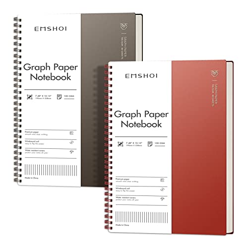 EMSHOI Graph Grid Journal Notebook, 2 Pack, 320 Pages, B5 (7.4" x 10") | 100 GSM Thick Paper, Flexible Plastic Cover, Spiral-bound, for School, Student, Note Taking, Math, Engineering (Brown & Red) - color: Brown Red, style: B5-Graph