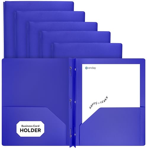 Plastic Folders with Pockets and Prongs Blue, Two Pocket Folder with Brads, 3 Prong Folders with Pockets for Letter Size Sheets, Also Avail in Purple, Black, Green, Yellow, Orange, 6 Pc –by Enday - color: Blue