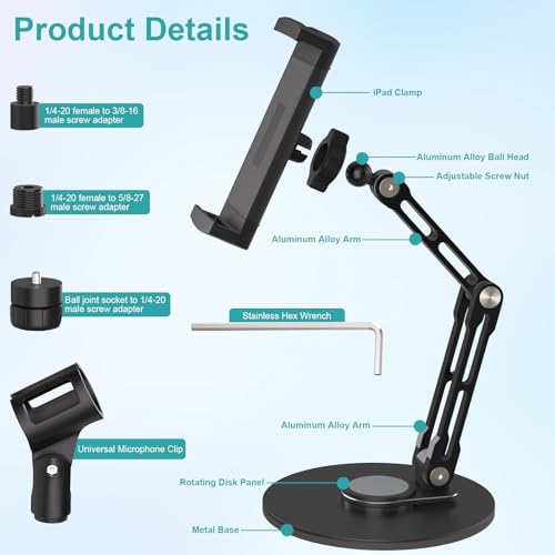 Adjustable iPad Stand,360 °Rotation iPad Heavy-Duty Base Mount ,Aluminum Alloy Foldable Tablet Holder for 4.7-17.3" iPhone /iPad Pro/Tablet/Portable Monitor, Mic Clip Screw Adapters for Microphones