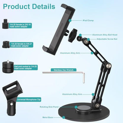 Adjustable iPad Stand,360 °Rotation iPad Heavy-Duty Base Mount ,Aluminum Alloy Foldable Tablet Holder for 4.7-17.3" iPhone /iPad Pro/Tablet/Portable Monitor, Mic Clip Screw Adapters for Microphones