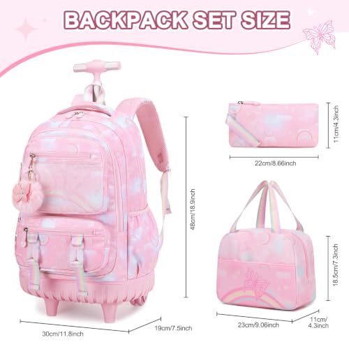Scothen Rolling Backpack for Girls, 3PCS Roller School Backpacks for Girls with Lunch Bag and Pencil Pouch, Kids Bookbag Schoolbag with Wheels for Teen Girl Kindergarten Elementary Middle School - color: Pink