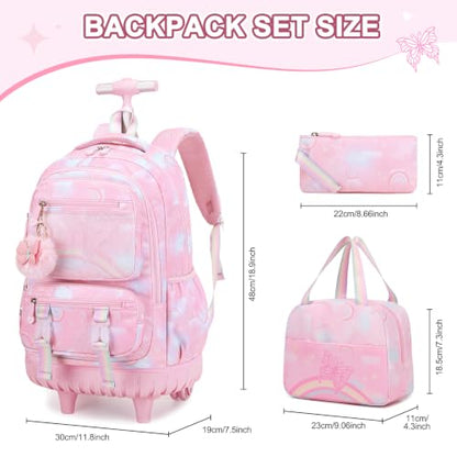 Scothen Rolling Backpack for Girls, 3PCS Roller School Backpacks for Girls with Lunch Bag and Pencil Pouch, Kids Bookbag Schoolbag with Wheels for Teen Girl Kindergarten Elementary Middle School - color: Pink