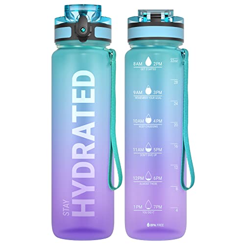 Sahara Sailor Water Bottle 32oz, Durable and Leakproof Water Bottles Motivational with Time Marker, Tritan, BPA Free, Wide Mouth with Easy Clean Brush for Gym, Travel, Home, School, Office (1 Bottle) - color: Galaxy Magic, size: 33.8 Ounces