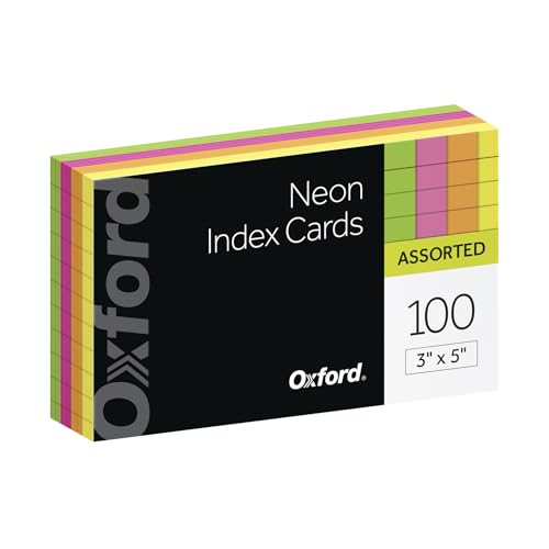 Oxford Neon Index Cards, 3" x 5", Ruled, Assorted Colors, 100 Per Pack (40279) - size: 3 x 5