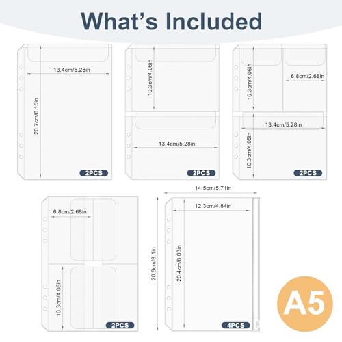 12PCS A5 Binder Pockets, 6-Hole Budget Envelopes for Planner | for 6-Ring Binder, Waterproof PVC Money Organizer & Cash Envelopes, Planner Inserts, Card Sleeves Photo Holders Bill Pouches - size: A5