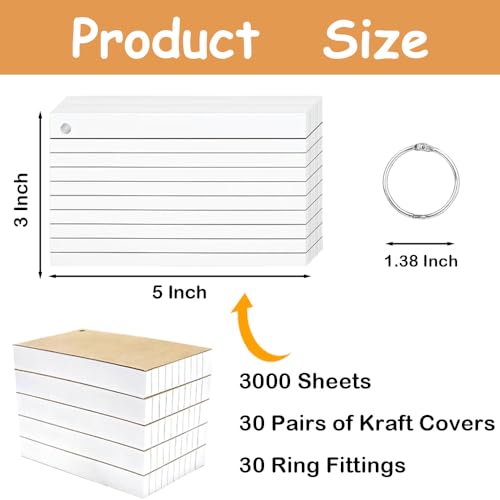 3000 Pcs White Index Cards Bulk with Rings, 3x5 Inch Flash Cards with Holder for Studying, Notecards Lined for Office, Home, School Supplies College, Ruled Index Cards, Double Sided - color: 3000 Pcs (White)