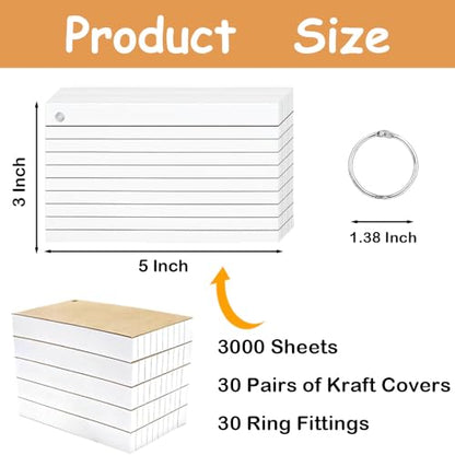 3000 Pcs White Index Cards Bulk with Rings, 3x5 Inch Flash Cards | with Holder for Studying, Notecards Lined for Office, Home, School Supplies College, Ruled Index Cards, Double Sided - color: 3000 Pcs (White)