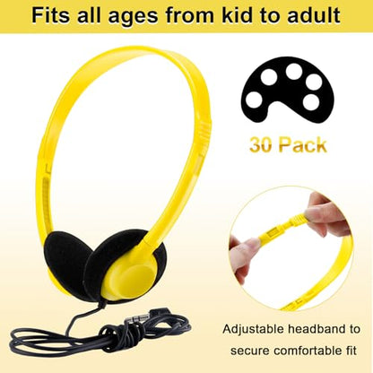 Yunsailing 30 Pack Bulk Headphones Set Over Ear Headphones with Adjustable Headband 3.5mm Plug Headsets Earphones for Learning Program, Computer Lab, Library, Testing & Multimedia Use (Yellow) - color: Light Yellow