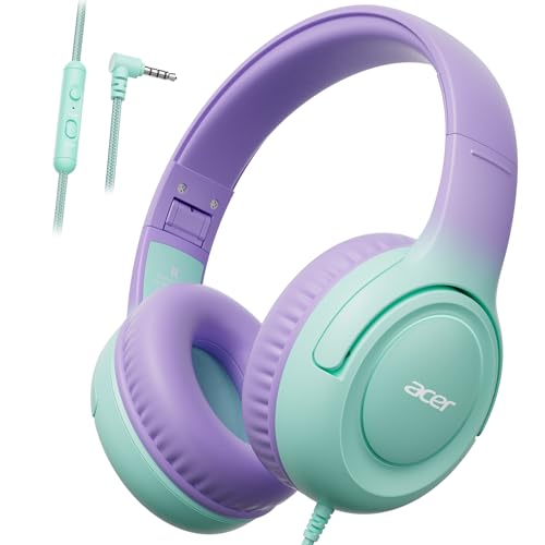 Acer Kids Headphones - 85/94dB Volume Limiter, Foldable Wired Over Ear Headphones for Travel, 3.5mm Jack, Toddler Headphones for School, Travel, iPad, Tablet, Purple Green, HK03 - color: Green-Purple Gradient