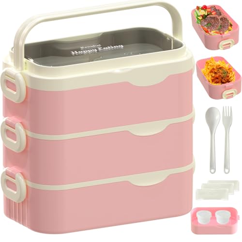 Bento Box Adult Lunch Box, Stackable 3 Layers Large Capacity Lunch Containers, Microwave and Dishwasher Safe Food Grade Containers with Utensils, Dividers and Sauce Boxes for Men, Women, Kids - color: Pink-White