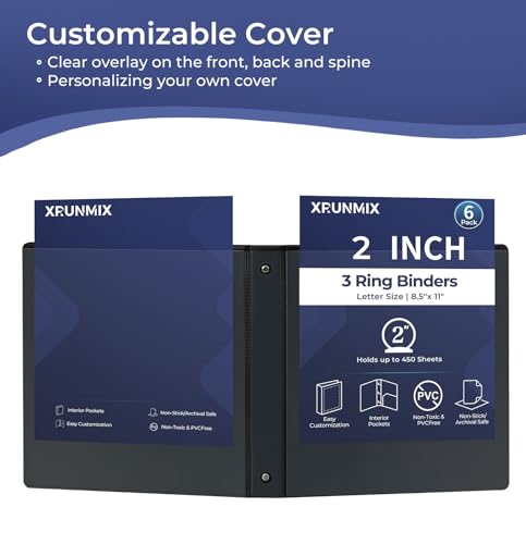 1-1/2'' 2-Inch 3-Ring Binder with Pockets, Premium View Binders with Three Ring Binders Holds up to 200/325/450 Sheets US Letter Size, Bulk Pack of 6 (2-inch Black) - size: 2-inch Black