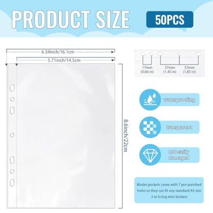 VOKOY 50 Pack 5.5x8.5 Inch Sheet Protectors for 3 or 6 Ring A5 Binder, Half Letter Size 7 Holes Mini Heavy-Duty Sheet Protector Sleeves Crystal Clear Playbill Binder Pockets - size: 5.5x8.5 Inch-1 Pocket, style: 50 Pack
