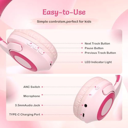 TONOSHARK Kids Bluetooth Headphones with ANC, Wireless Over-Ear Headset for Boys and Girls, Foldable & Adjustable, Ideal for School, Travel and Online Learning(Light Pink) - color: Pink