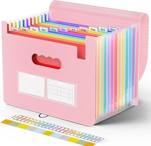 Sooez Accordion File Organizer, 13 Pockets Expanding File Folders, Portable Monthly Paper Bill Tax Receipt Organizer, Letter A4 Size Document Holder with Blank Labels - color: Pink, size: 1 Pack