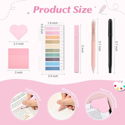 22Pcs Book Annotation Kit Aesthetic Pencil Case with Supplies School Annotation Supplies Gel Pen Transparent Sticky Note Taking Bible Study College Stationery Supplie (Pink Bows Hearts) - color: Pink Bows & Hearts