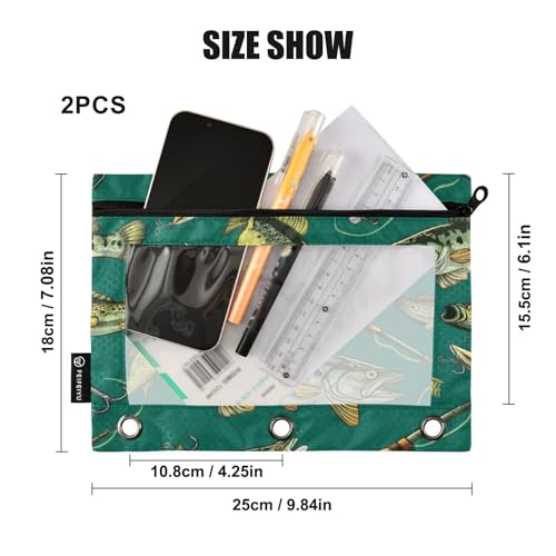 Pencil Pouch for 3 Ring Binder Bass Fish Fishing Poles Binder Pencil Pouches Clear Window Zipper Pencil Case 2 Pack for Office School College Supplies - color: Bass Fish