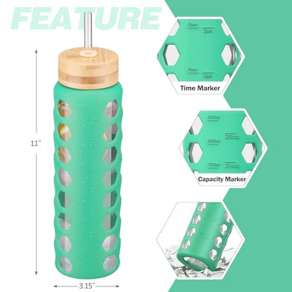 MUKOKO Glass Water Bottle, 32oz, Green | Glass Tumbler with Straw, Drinking Bottles with 2 Lids-Handle Spout Lid & Bamboo Straw Lid, Silicone Sleeve, 1 Pack - color: Green, size: 32 Ounces