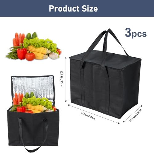 3Pcs Insulated Grocery Shopping Bag, FHDUSRYO 40L Large Black Food Delivery bags, Durable Thermal Cooler Bags with Handles and Bottom Plates, Reusable Lunch Container for Catering Grocery (43x26x33cm)