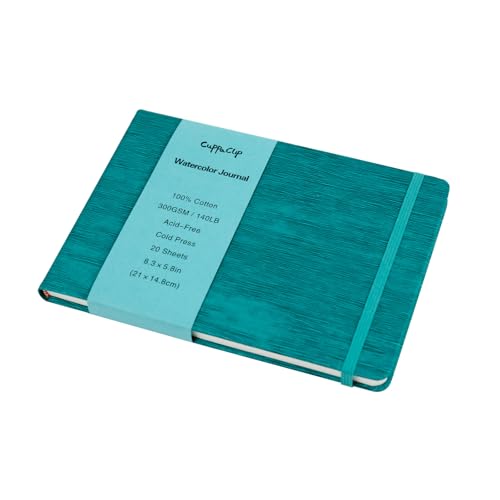 CuppaClip Leather Watercolor Journal, 300gsm/140lb 100% Cotton Cold Press Paper, 20 Sheets Acid-Free Travel Sketchbook–Professional Art Notebook for Painting, Drawing, Travel (Blue, 8.3x5.8in) - color: Blue, size: 8.3x5.8in