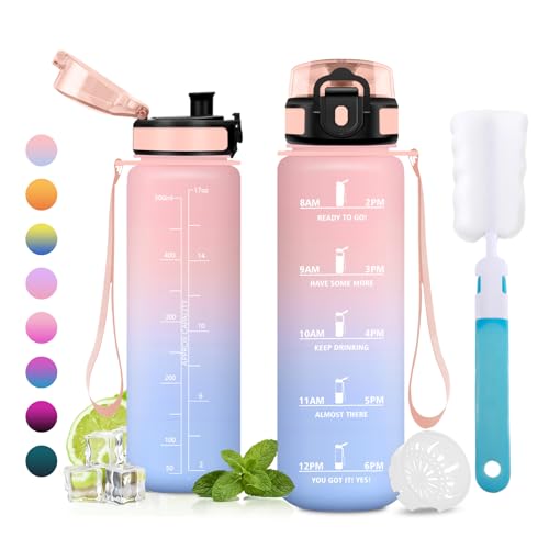 500ml Water Bottle, Time Markers Water Bottle, Water Bottles with Filter, BPA Free Bottle for School, Office - color: 500ml Pink + Light Blue, size: 16.9 Ounces