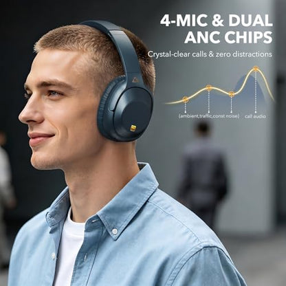 Bluetooth 6.0 Active Noise Cancelling Headphones for Airplane Travel, LDAC Hi-Res Audio, 90H Playtime Wired and Wireless ANC Headphones, Over Ear Headset for Home Office, Custom EQ via APP, Blue - color: Blue
