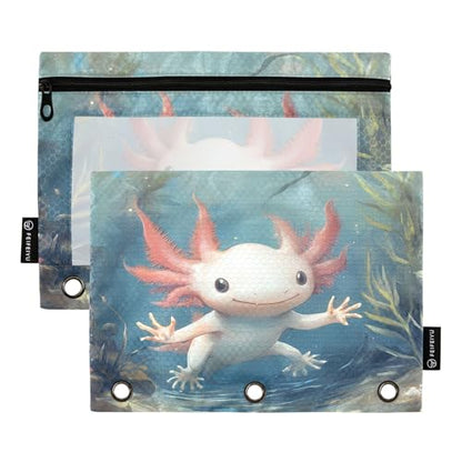 Cute Axolotls Algae Blue Binder Pencil Pouch 3 Ring Clear Pouches with Zipper Pen Organizer for Office College School, 2 Pack - color: Multi-cute Axolotls Algae Blue