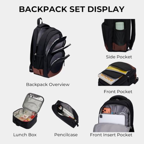 Glodwheat 3Pcs Backpack Set For Girls With Insulated Lunch Bag & Pencil Case, Lightweight Water-Resistant School Bookbag With 11 Compartments / 20L - color: Matte Black