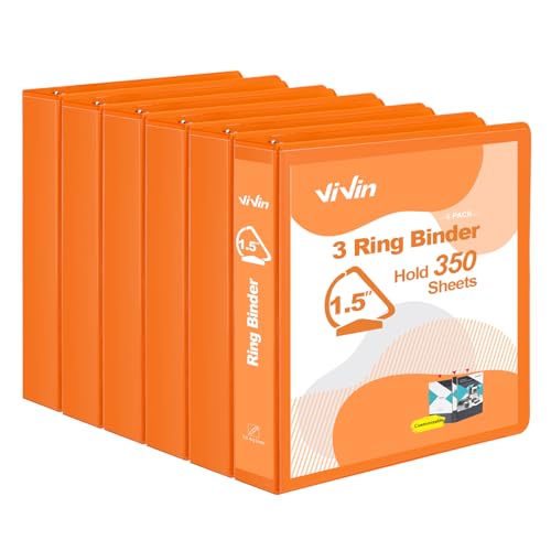 ViVin 튼튼한 3.8cm(1.5인치) 3링 바인더, 포켓 포함, 슬랜트 D 링, PVC 프리, 맞춤형 클리어 뷰 바인더, 21.6 x 27.9cm(8.5 x 11인치) 용지 350장 보관, 6팩 (오렌지) - color: 주황색., size: 1.5인치