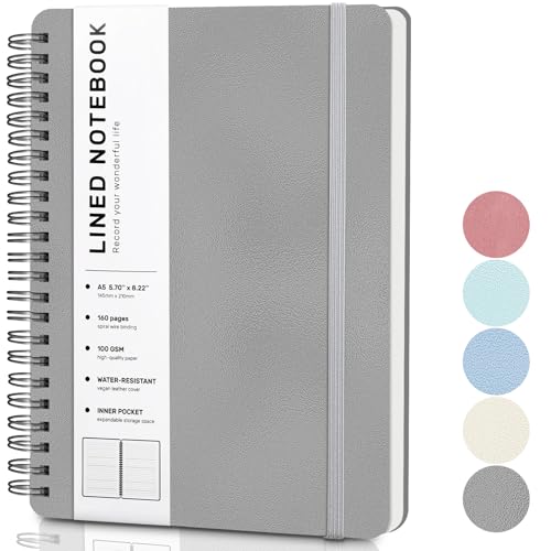 Lined Spiral Journal Notebook, A5 Hardcover Leather Notebook for Work, 5.7''×8.2'', 100GSM Thick Paper Spiral Bound Journaling Notebook for Women Men Office School Note Taking Business, Morandi black - color: Morandi Black, size: A5