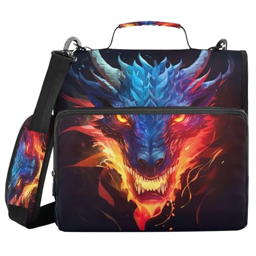 Zipper Binder Bag 3 Ring File Folder Portfolio Organizer Zippered Binder Bags with Strap Fits Laptop Women Men - color: Multi-dragon