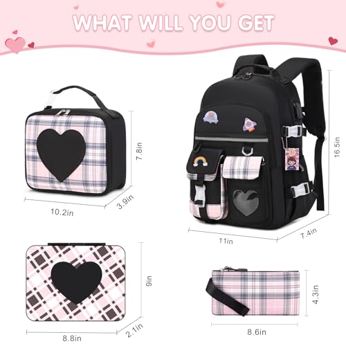ACESAK Girls Backpack - Bento Box with Insulated Lunch Bag Pencil Case & Utensils Set for Kids, 6 Leakproof Compartments Removable Tray Lunches or Snack Container for School (Black) - color: Black
