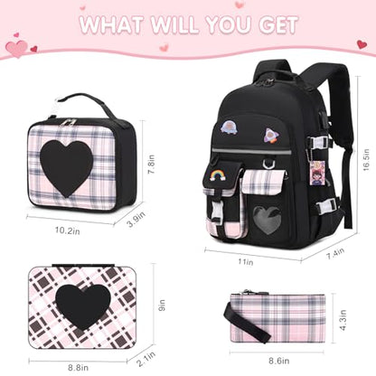 ACESAK Girls Backpack - Bento Box with Insulated Lunch Bag Pencil Case & Utensils Set for Kids, 6 Leakproof Compartments Removable Tray Lunches or Snack Container for School (Black) - color: Black