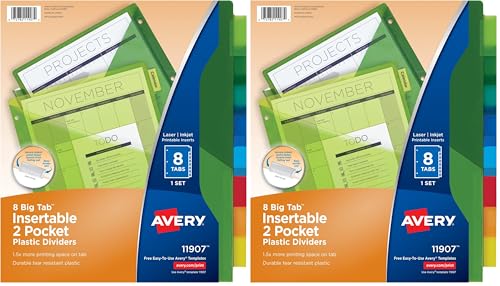 Avery Dividers for 3 Ring Binders,8-Tab Sets,Two-Pocket Plastic Binder Dividers with Tabs,Multicolor,1 Set (11907),(Pack of 2) - size: 8 Tab (Pack of 2)