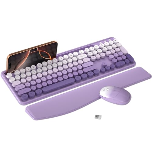 MPTOG Colorful Wireless Computer Keyboard and Mouse Combo with Phone Holder, Wrist Rest, Typewriter Keys, 2.4GHz Wireless, Full-Sized Optical Mouse for PC and Laptop (Purple Gradient) - color: Purple Gadient