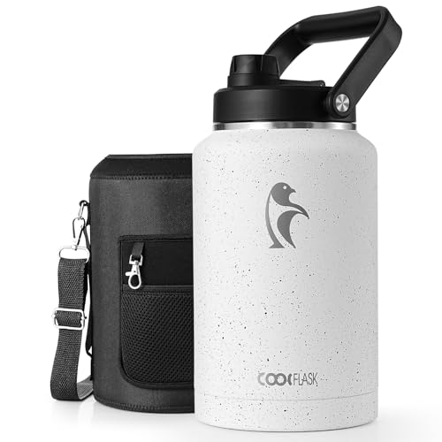Coolflask Titan Gallon Water Bottle Insulated, 128 oz Water Jug Stainless Steel Leakproof with Large Handle Spout Lid & Carrying Sleeve, Wide Mouth Metal Flask for Sports Camping, Arctic White - color: Arctic White, size: 128 Ounces