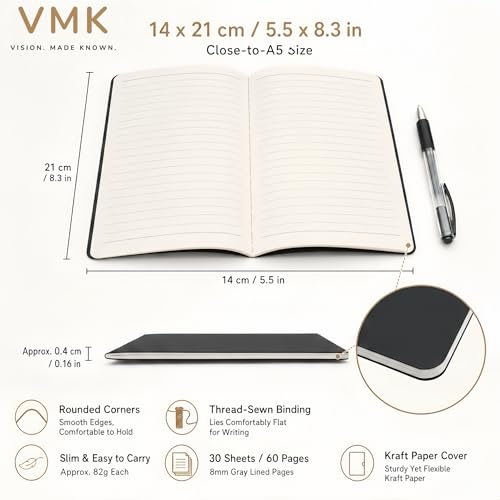 VMK 100 Pack A5 Wide Ruled Lay Flat Notebooks Bulk, Black Softcover | 30 Sheets/60 Pages Each, Thread-Sewn Binding, 80gsm Paper, 4 Bundles of 25 for Offices, Events, and Large Teams - color: Black