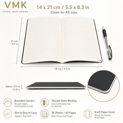 VMK 100 Pack A5 Wide Ruled Lay Flat Notebooks Bulk, Black Softcover | 30 Sheets/60 Pages Each, Thread-Sewn Binding, 80gsm Paper, 4 Bundles of 25 for Offices, Events, and Large Teams - color: Black