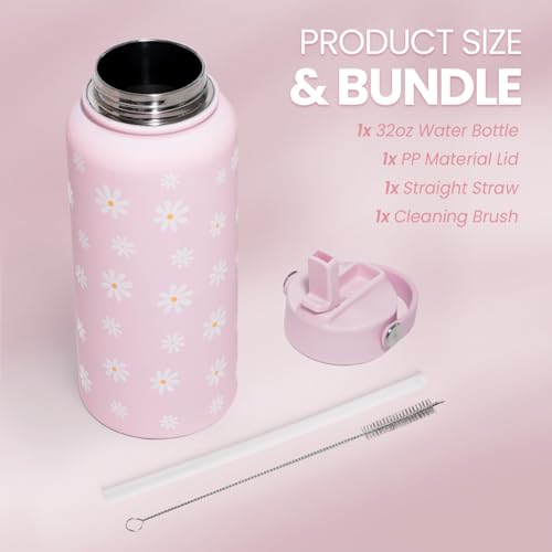 SANDJEST Daisy Water Bottle Stainless Steel 32oz Insulated with Lid, Flower Water Bottles Gifts for Women Girls Friends Teens Birthday Christmas - color: Daisy