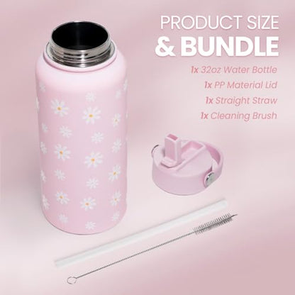 SANDJEST Daisy Water Bottle Stainless Steel 32oz Insulated with Lid, Flower Water Bottles Gifts for Women Girls Friends Teens Birthday Christmas - color: Daisy
