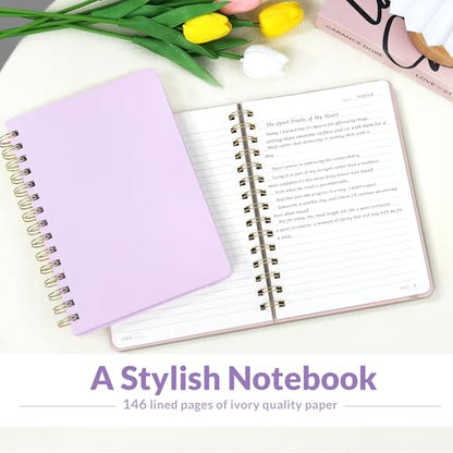 SUNEE Lined Spiral Journal Notebook for Women, 146 Pages College Ruled Hardcover Journaling Notebook for Work, Note Taking and Office School Supplies, A5 - Purple - color: Purple